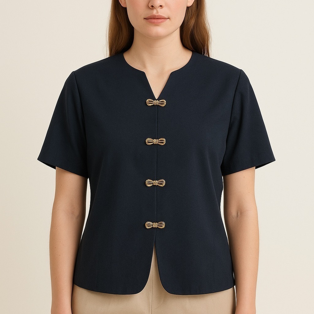 Heury Lee Black Vintage Short Sleeve Blouse Bow Button Size 12 NWT
